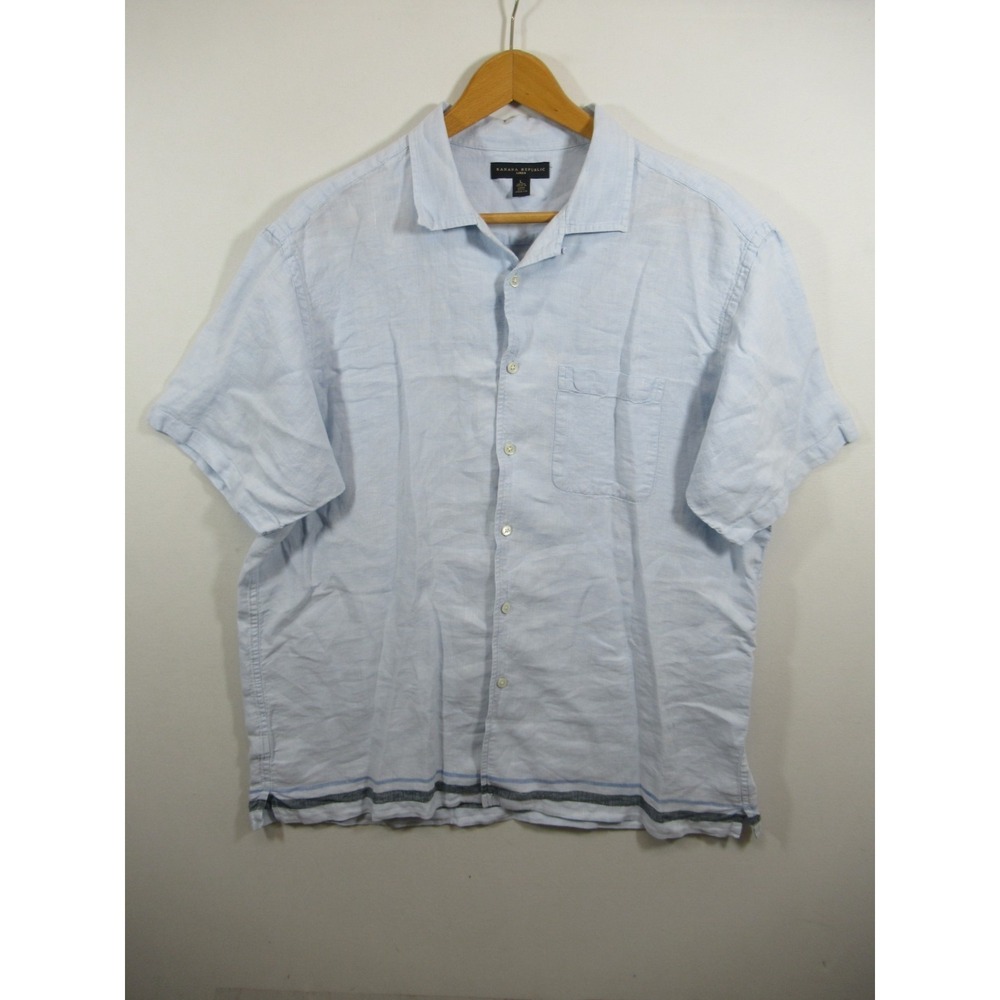 Banana Republic Linen Loop Collar Shirt Men Large Blue Short Sleeve Relaxed